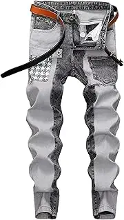 [Qolkmuiy-GJ] Men's Straight Slim Fit Patchwork Jeans Vintage Skinny Stitching Denim Pants Flex Waist Cowboy Trousers, Grey, 30