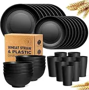 HOMIEST 32-Piece Kitchen Plastic Wheat Straw Dinnerware Set, Service for 8, Dinner Plates, Dessert Plate, Cereal Bowls, Cups, Unbreakable Colorful Plastic Outdoor Camping Dishes, Black Matte
