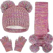[KEOYA] Kids Winter Hat Gloves Scarf Set Beanie Knit Mittens Neck Warmer Set with Pom-Pom Cold Weather Fleece Lined Set