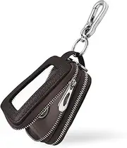 Car Key Fob Case, Double Zipper Genuine Leather Protection Key, Universal Premium Car Key Fob Case, Metal Hook and Keyring with Transparent Window for Men Women (Coffee)