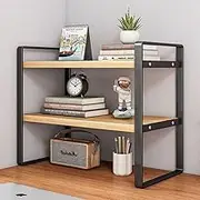 Hbluefat 2-Tier Desktop Organizer Shelf, 19.7In Desk Bookshelf, Tabletop Small Wood Metal Bookcase, Multipurpose Display Storage Rack for Home Office (Wood+Black)