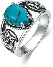 [DOLIOX] Genuine Turquoise Rings For Women Sterling Silver Native American Indian Jewelry For Women Western Squash Blossom Style Gift