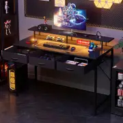 120CM Computer Desk with Charging Station and LED Light Monitor Stand and 3 Fabric Drawers Storage, Black