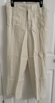 Nicole Miller Pants Women's Size 10 Cream 100% Linen High Rise Pull On Wide Leg