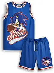 [Sonic The Hedgehog] Boys Basketball Jersey and Shorts Set | Kids Complete Two Piece Sports Outfit in Blue | Childrens Athletic Wear Matching Bundle | Game Character Merchandise Apparel Gift