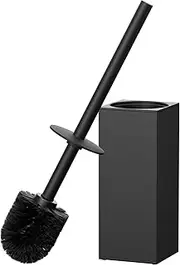 FORIOUS Toilet Brush and Holder Set, Heavy Duty 304 Stainless Steel Base Square and Long Handle Toilet Bowl Brush for Bathroom Cleaning, Drip-Proof, Space Saving for Storage, 2 Brush Head, Black