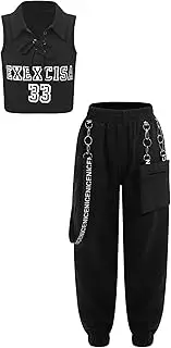 [FEESHOW] Kids Girls Hip Hop Clothes Set Crop Top with Cargo Pant Dance Suit Jazz Outfit Sport Dancewear