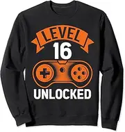 [X.Style] Level 16 Unlocked Funny Birthday Gamer 16th Birthdays Sweatshirt ds939 Sweater (S) Black