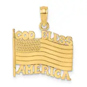 14k Yellow Gold Polished Textured God Bless America w/ Flag Charm