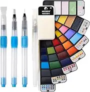 MEEDEN Travel Watercolor Paint Set: 42 Assorted Colors Portable Water Color Palette Including 7 Pearlescent and 5 Macarone Colors with 4 Brushes