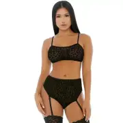 Cheetah Print Mesh Cami Bra Top Set Garter Panty Sheer Cropped Black 779514