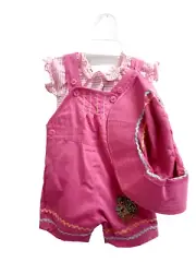 Pink Cuddle Bear Top, Bucket Hat and Overalls Bundle (Size 000)