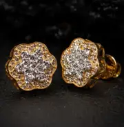 Large VVS Lab Created Diamond Yellow Gold Flower Cluster 0.86Ct Stud Earrings