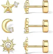 [LunarCharm] 3 Pairs 20G Stud Earrings with Flat Back, Hypoallergenic 14-Carat Gold-Plated Earring Set, Gold Earrings for Helix, Tragus, and Cartilage Piercings