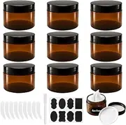 Ysimple 9Pcs Amber Plastic Cosmetic Jars, 120ml Sample Containers Pots Bottles with Black Screw Lid & liner, Empty Cosmetic Containers with Spatulas & Sticker for DIY Travel Makeup Cream/Powder/Lotion