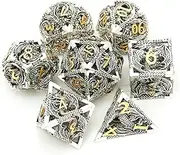 Metal dice Set Hollow polyhedral Flying Dragon Metal dice Suitable 7Pcs Set for Dungeons and Dragons RPG MTG Table Games D&D Pathfinder Shadowrun and Math Teaching (Ancient Silver and Gold)