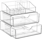 Vtopmart 3 Tier Clear Makeup Organizer with Drawer, Cosmetic Storage for Dresser Countertop and Bathroom Vanity, Skincare Organizer for Lipstick Brush Holders