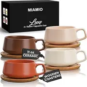 [MIAMIO] 320 ml, Set of 4 Ceramic Tea Cup and Saucer Bamboo/Tea Mug - Wide Cappuccino Cup, Coffee Cups Ceramic Mug for Cappuccino, Latte, Espresso & Americano - Luxe Collection (Beige Pastel)