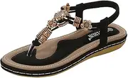 [Generic] Women's Summer Bohemian T-Strap Open Toe Sandals Braided Flat Casual Slippers Ladies Ankle Elastic Thong Beach Flip Flops (Black 03 6.5 UK)
