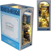 DIY Book Nook Kit 3D Wooden Puzzle Bookshelf Insert Decor with Light, DIY Miniature Dollhouse Model Kit Creative Bookshelf Insert Building Kits for Adults (Sea Breeze)