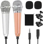 uxcell 2Pcs Mini Microphone, Mic Tiny Microphone with Sponge Cover, Holder and Drawstring Bag Portable for Karaoke Voice Video Recording Singing (Gold/Silver)
