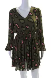 Essentiel Antwerp Womens Textured V-neck Puff Sleeved Mini Dress Green Size EUR