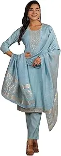 [Janasya] Indian Women's Light Blue Kurta Kurti Top Tunic Embroidered Festive Wedding Party Kurta Set with Dupatta for Women