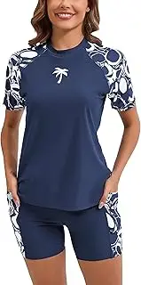 [Halcurt] Women's Two Piece Rash Guard Swim Shirts Built in Bra Swimsuit with Boyshorts with Pockets