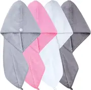 Hair Turban Wrap Drying Towel 4 Pack (Dark Gray,Gray,Pink,White)
