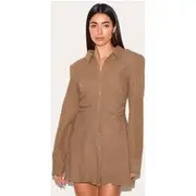 Mushroom Structured Ruched Detail Long Sleeve Shirt Dress, Mushroom
