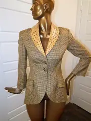 New Eric Schlosberg Brown Gingham Check Alligator Patent Trim Blazer sz 8 nwt