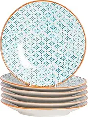Nicola Spring Hand-Printed Side Plates - 18cm - Blue - Pack of 6 - Porcelain Decorative Patterned Dining Dish Plates for Snacks, Starters, Dinner, Dessert