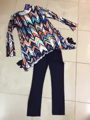 Area Code 407 Geometric Stripes Orange Tunic LS Top & Blue Pant Set Sz 12 NWT