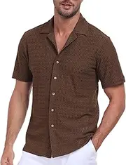 [Lzzidou] Men's Short Sleeve Button Shirts Sheer Lace Knit Textured Hawaiian Shirt for Men Cuban Collar Casual Summer Beach Tops