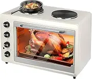 Mini Electric Countertop Oven with Grill & Double Hotplate, 360° Even Baking, 80-230°C Adjustable Temp & Timer, Auto Shut Off for Hot Pot & Grilling