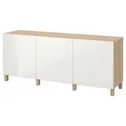 BESTÅ storage combination with doors, white stained oak effect/Selsviken/Stubbarp high-gloss/white, 180x42x74 cm