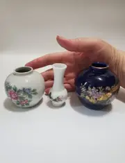 Vintage Mini Bud Vases Lot Of 3, Cobalt Blue, Pink Floral, Great Dollhouse Decor