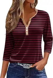 [Valtorixia] 3/4 Length Sleeve Women Henley V Neck Tops Casual Length Button Down Shirt Floral Print Blouses Plus Size Trendy Comfy Tees (Color-b-2,Medium)