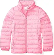[Amazon Essentials] Girls' Lightweight Water-Resistant Packable Mock Puffer Jacket, Neon Pink, X-Small