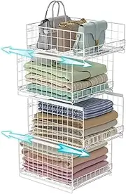 Hongtamoya 4-Tier Sliding Closet Organizer, Modern White Wardrobe Storage Shelves, Stackable Bins for Clothes, Jean Pants, Sweaters - White