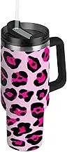 RPLIFE Leopard Print Pink Black Tumbler with Handle 30 Oz Tumbler with Lid, Stainless Steel Tumblers for Women Men Travel