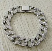 Men's Silver Bracelet Luxury Cuban Chain Link Curb Diamond Shiny Icy