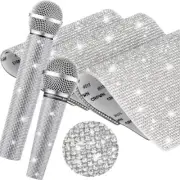 3 Pcs Rhinestone Microphone Handle Cover Stickers Sparkly Glitter Mic Silver