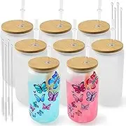 Joyclub 8 Pack Sublimation Glass Cups Blanks with Bamboo Lid 16 OZ Frosted Glass Beer Cans Mason Jar for Iced Coffee Juice Soda Drinks