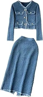 [Generic] Women Denim Skirt Suits Long Sleeves Cardigan Split Long Skirt Vintage Jeans Two Pieces Sets