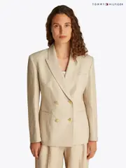 Tommy Hilfiger Cream Slim Linen Mix Double Breasted Blazer (F55141) | $623