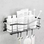KINCMAX Shower Shelf - Self Adhesive Shower Caddy with 4 Hooks - No Drill Large Capacity Stainless Steel Rack - Aesthetic Organizer for Bathroom Wall Decor - Matte Black