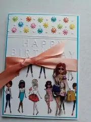 HANDMADE BIRTHDAY CARDS - EMBOSS HAPPY BIRTHDAY, GIRLS WITH LIGHT ORANGE RIBBON