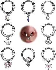 [Sanfenly] 8 Pcs 16G Dangle Septum Rings for Women 316L Stainless Steel Clear CZ Daith Earrings Helix Earrings Cartilage Tragus Earring Piercing Jewelry for Men