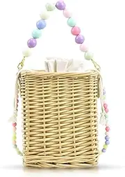 [QTKJ] Beach Bag, Crossbody Bags for Women, Square Hard Box Handbags Colored Bead Chain, Bohemian Handmade Woven Bag, Straw Bag for Beach Vacation, Travel, Daily Matching, Khaki, One Size